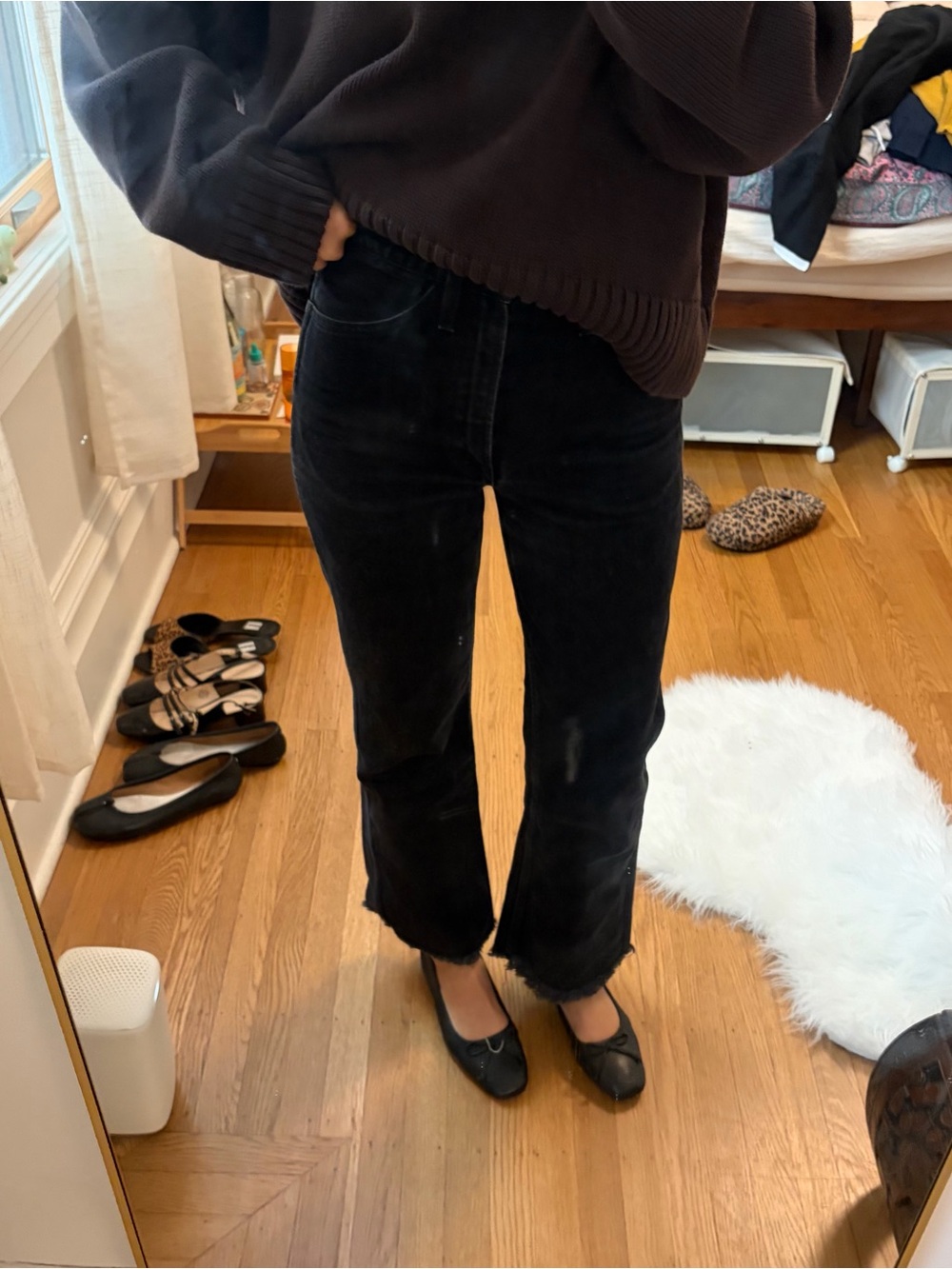 black frame high waisted straight leg with ankle flare